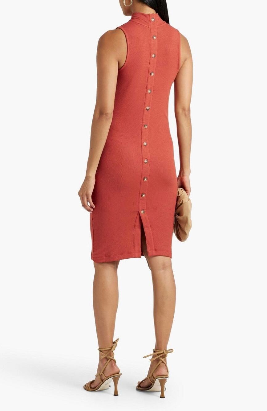 ATM Anthony Thomas Melillo Ribbed Knit Turtleneck Midi Dress Button Rust Small